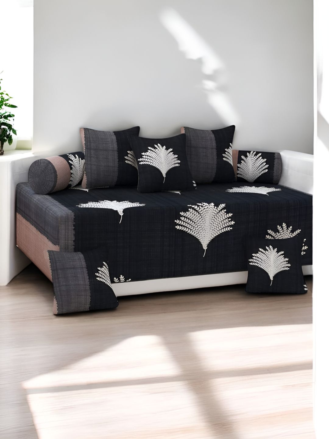 WELLNEST Set Of 8 Black & White Printed Cotton Diwan Set-image-17