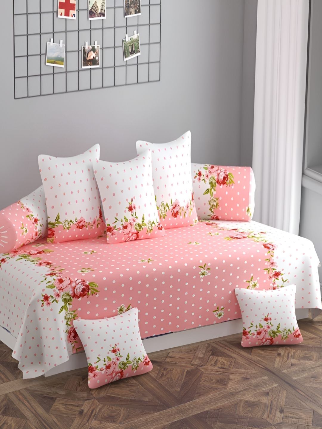 WELLNEST Set Of 8 Pink & White Printed Cotton Diwan Set-image-29
