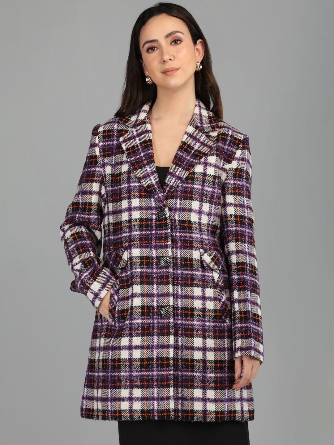 HONNETE Women Regular Fit Single Breasted Checked Overcoat-picture-12