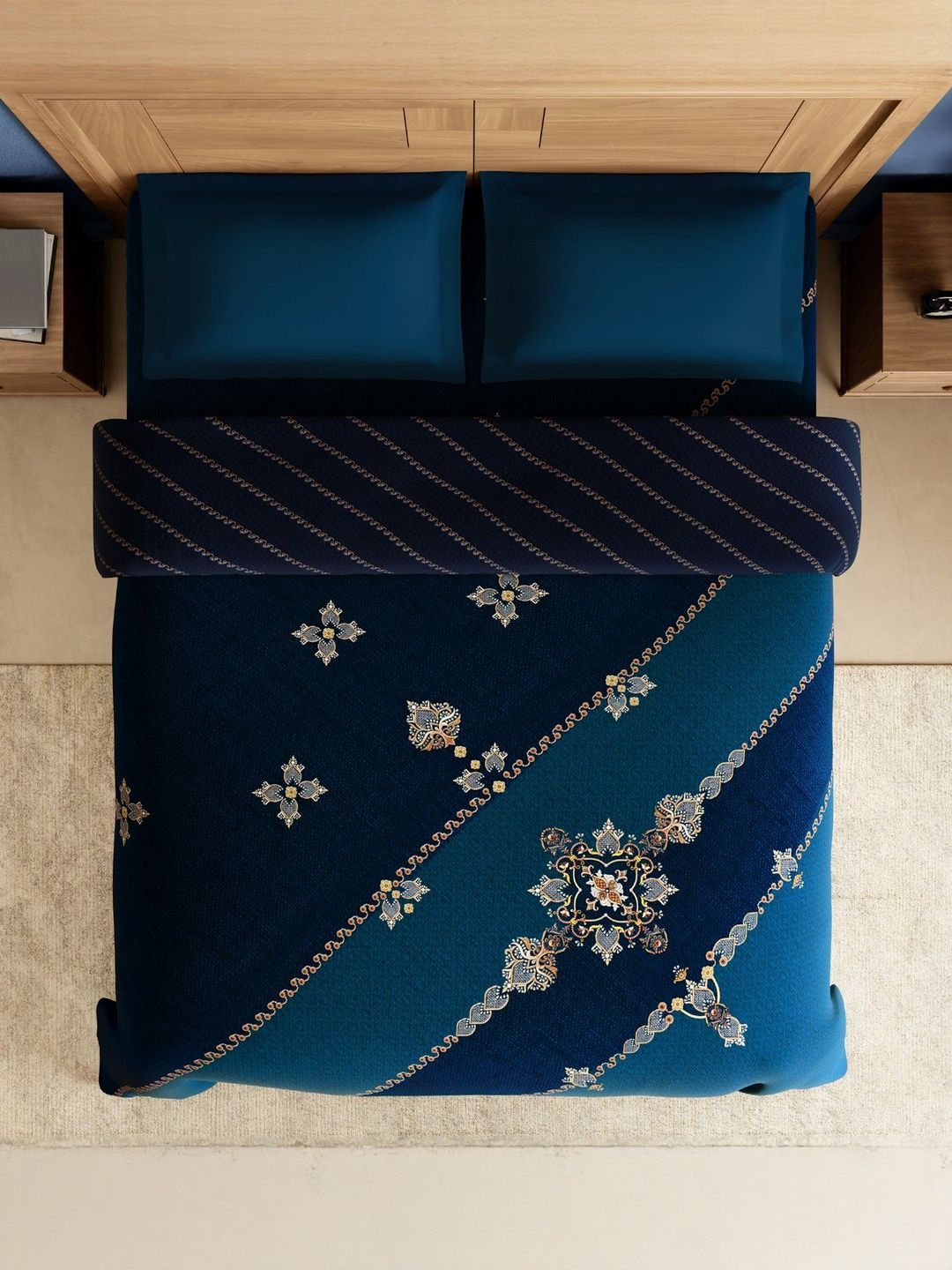 SPACES Jadau Teal & Blue Ethnic Motifs AC Room Pure Cotton 300 GSM Double King Quilt-image-33
