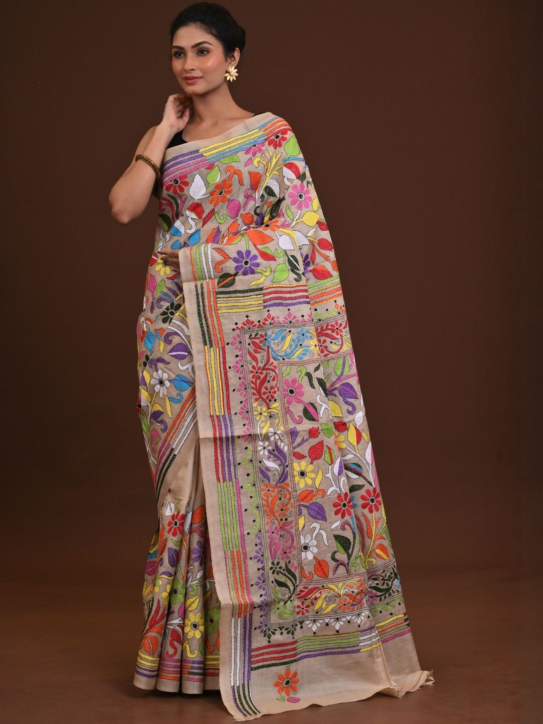 RAM SHYAM collection Floral Embroidered Kantha Saree with Blouse Piece-picture-46