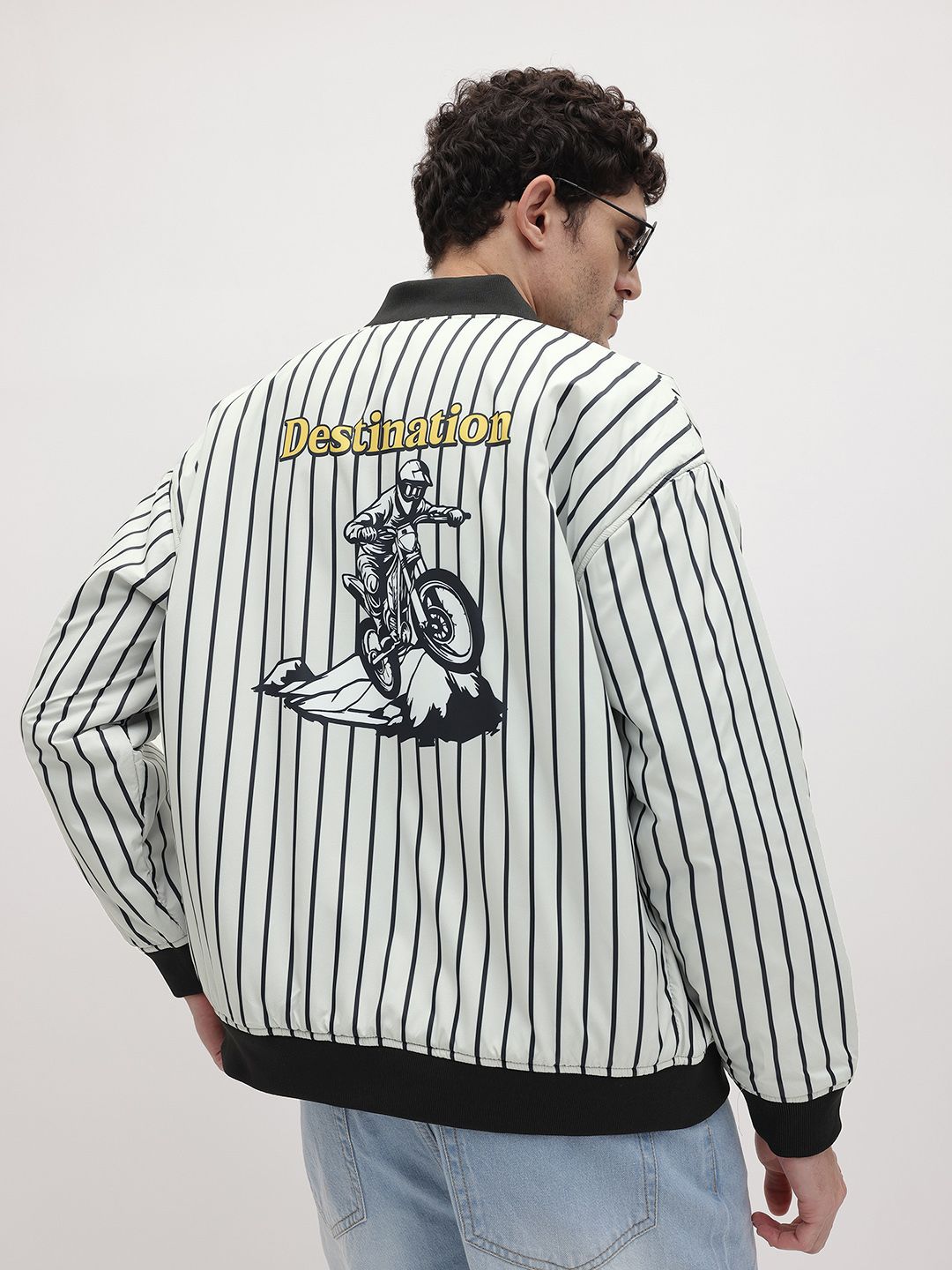 The Roadster Life Co. Striped And Graphic Printed Stand Collar Bomber Jacket-picture-39