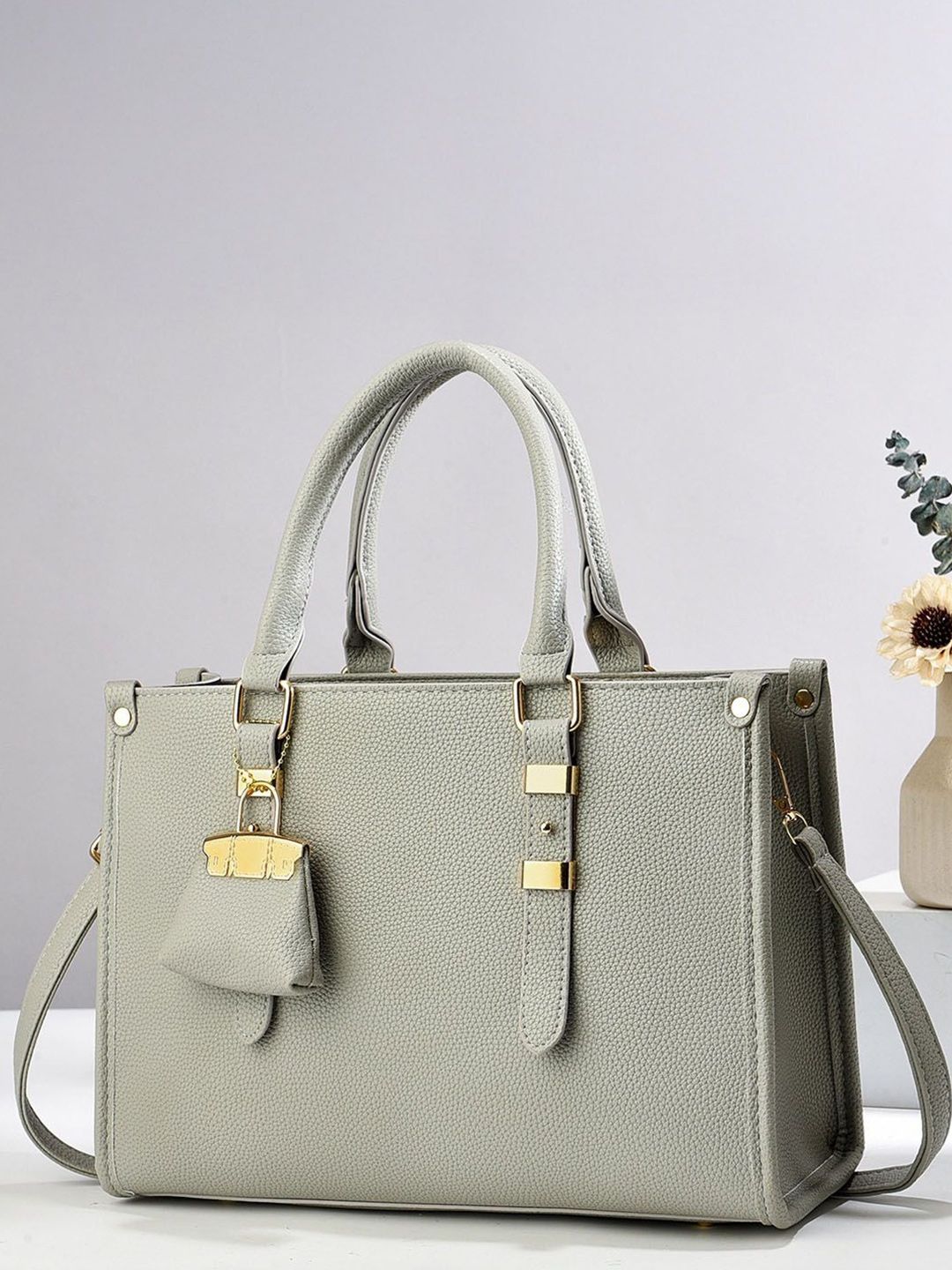 StyleCast Women Textured Structured Buckle Detail Handheld Bag with Pouch-picture-10