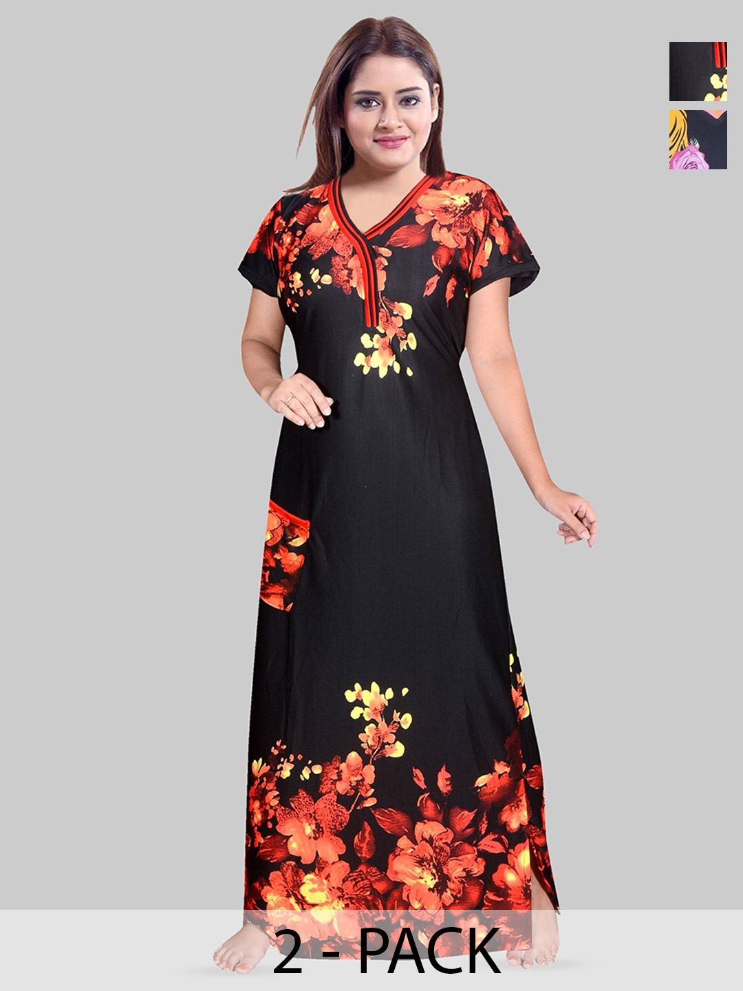 PURSA Pack of 2 Printed Satin Maxi Nightdress-picture-35