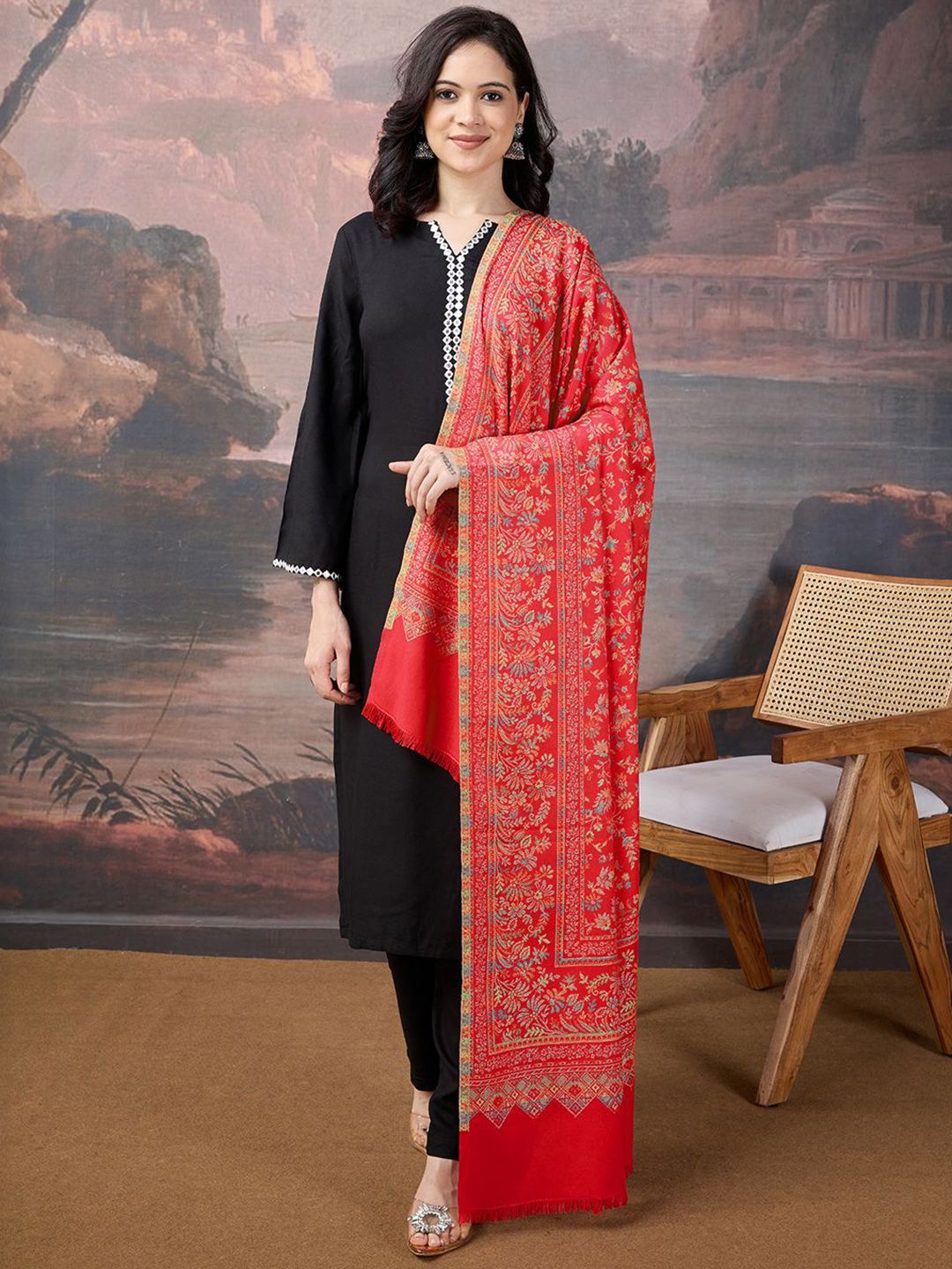 sangria House of Pataudi Floral Woven Design Fringed Border Detail Shawl-picture-13