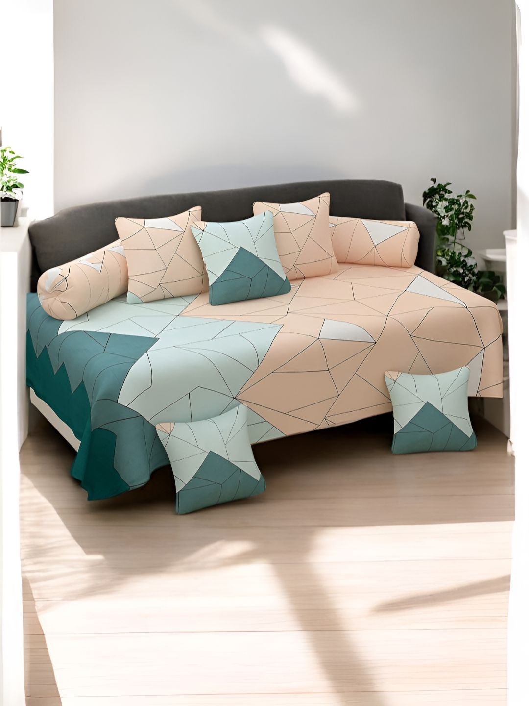 WELLNEST Set Of 8 Brown & Green Geometric Printed Diwan Set-picture-14