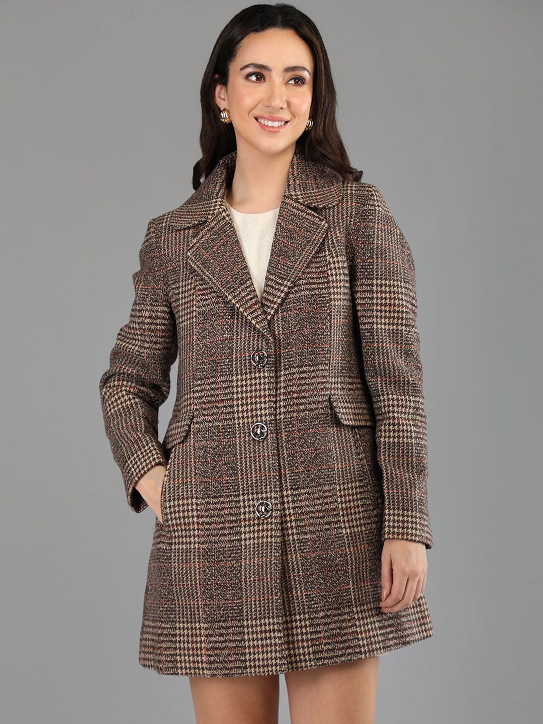 HONNETE Women Checked Notched Lapel Single Breasted Regular Fit Trench Coat-picture-28