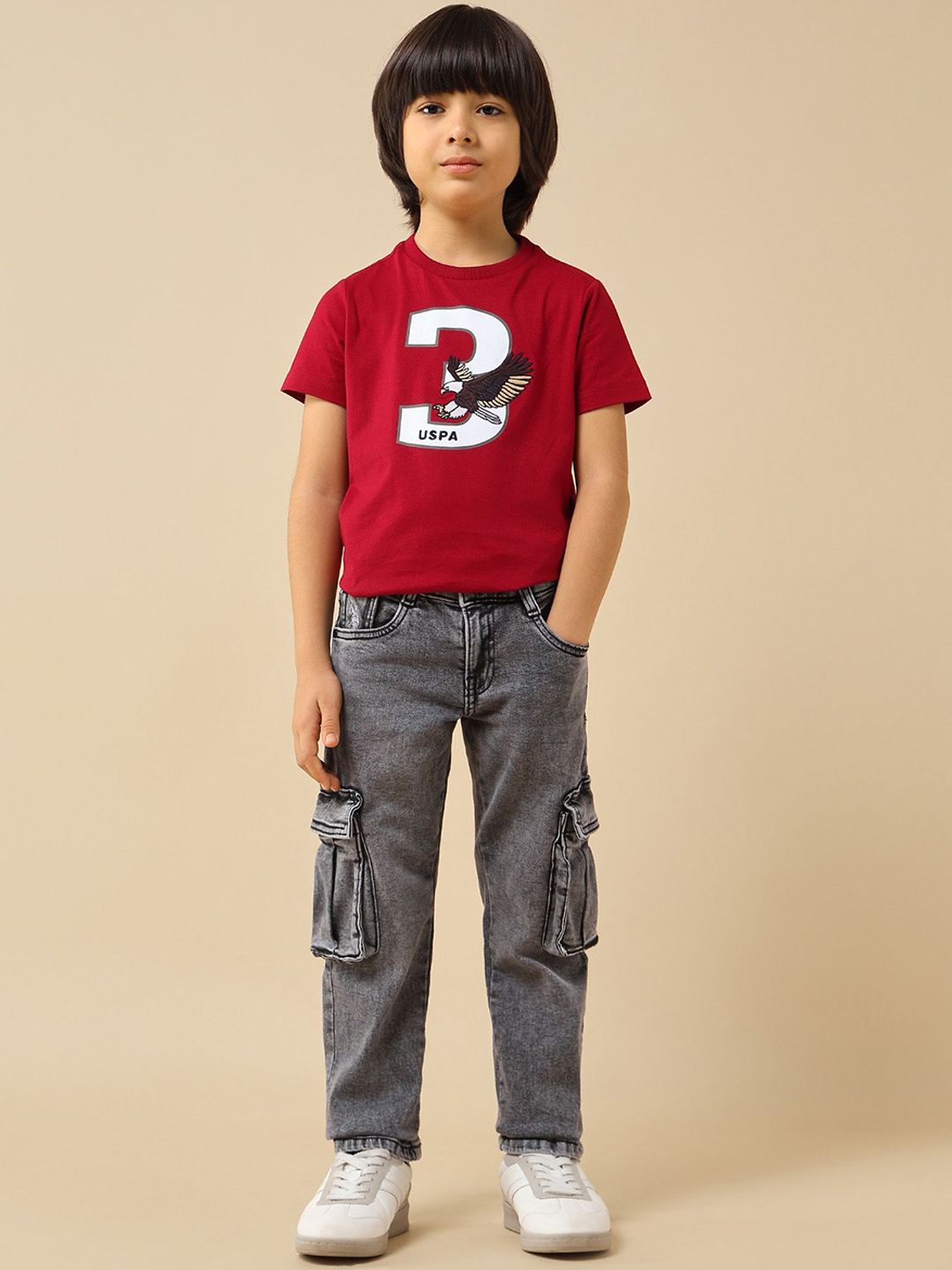 U.S. Polo Assn. Kids Boys Relaxed Fit Mid-Rise Stretchable Cargo Jeans