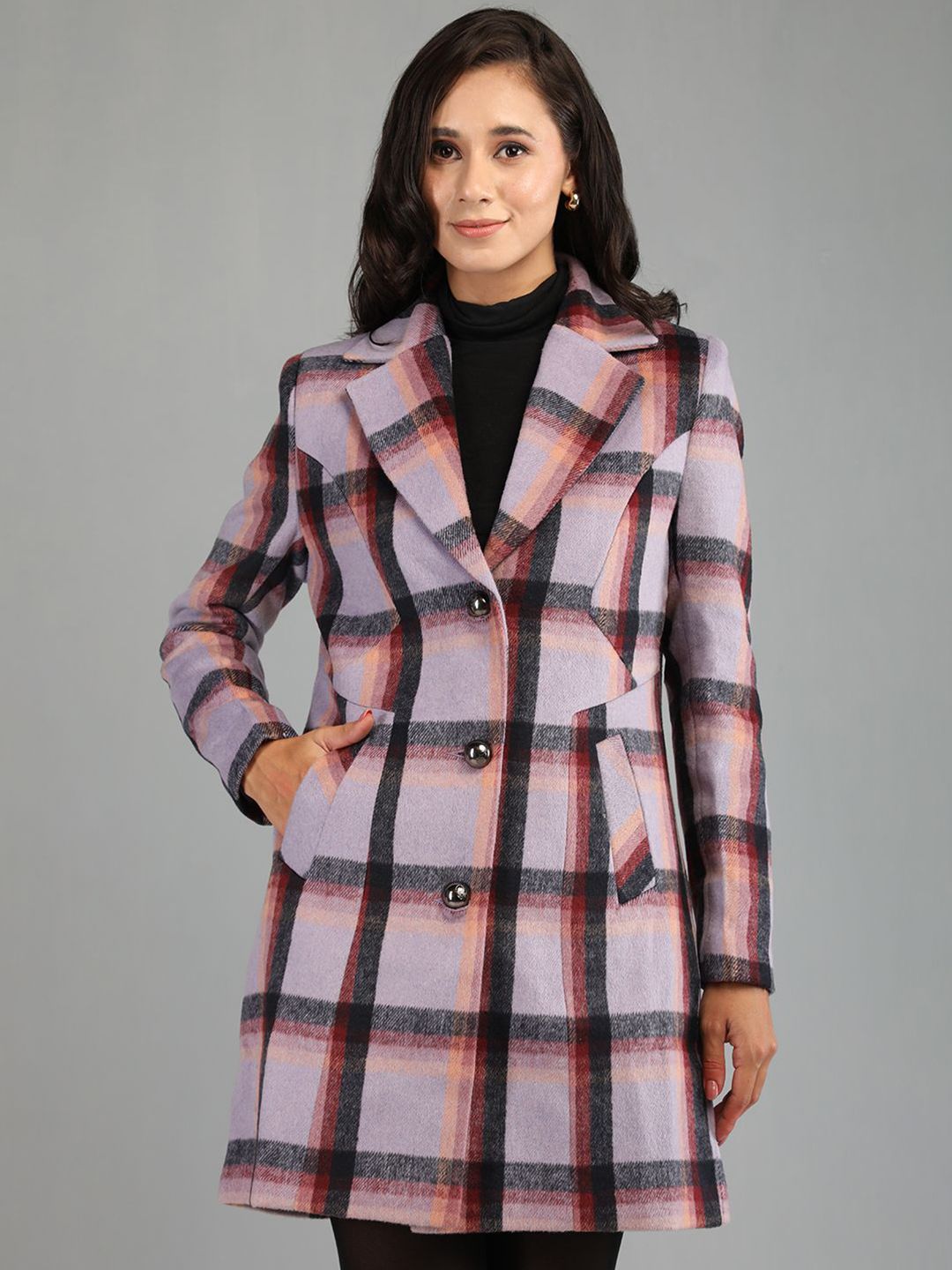 HONNETE Women Checked Notched Lapel Single-Breasted Trench Coat-picture-29
