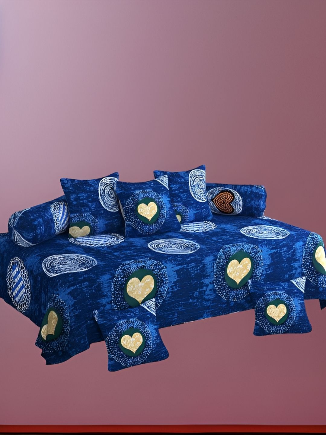 WELLNEST Set Of 8 Blue & White Printed Cotton Diwan Set-image-13
