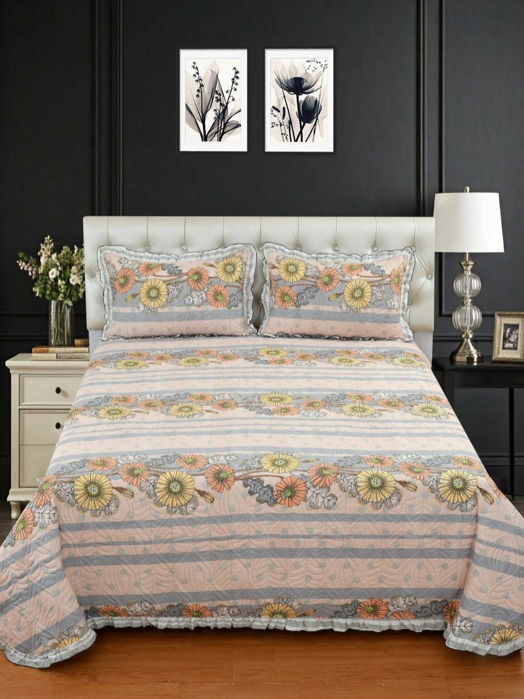BREVARD Peach & Yellow 3 Pieces Floral Cotton Double King Superfine Bedding Sets-picture-35