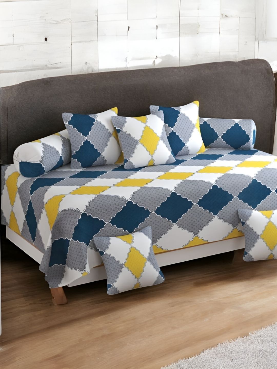 WELLNEST Set Of 8 Yellow & White Printed Cotton Diwan Set-image-35