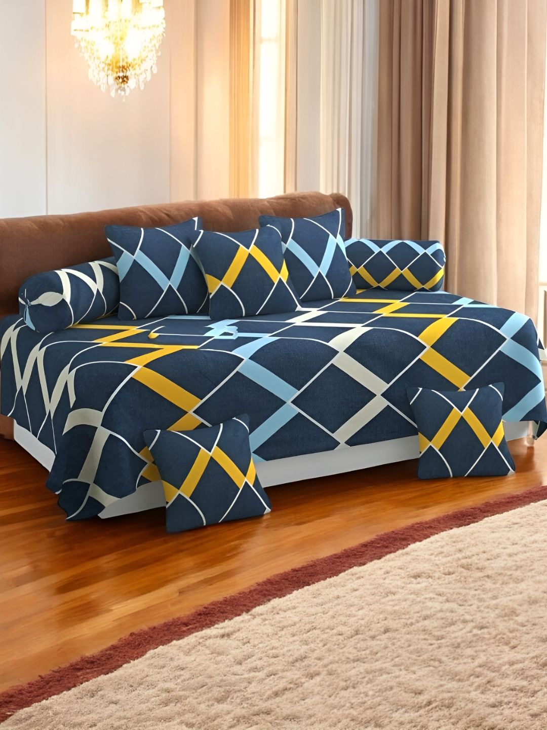 WELLNEST Set Of 8 Blue & Yellow Geometric Printed Diwan Set-image-18