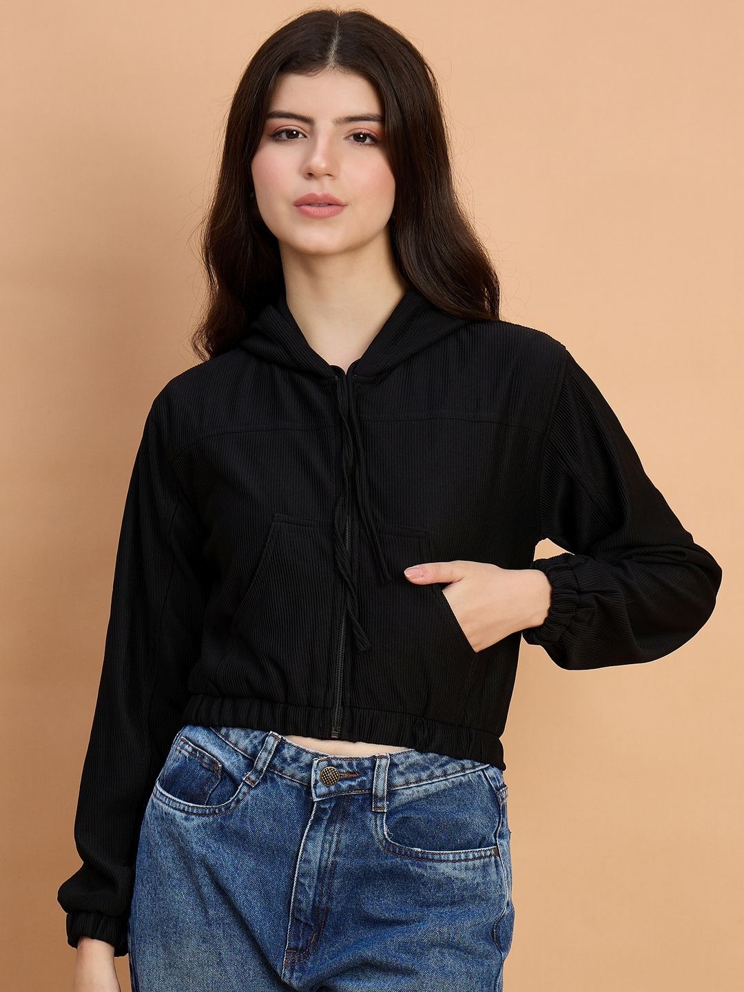 The Roadster Lifestyle Co Cotton Ribbed Cropped Hooded Casual Zipper Jacket-image-11
