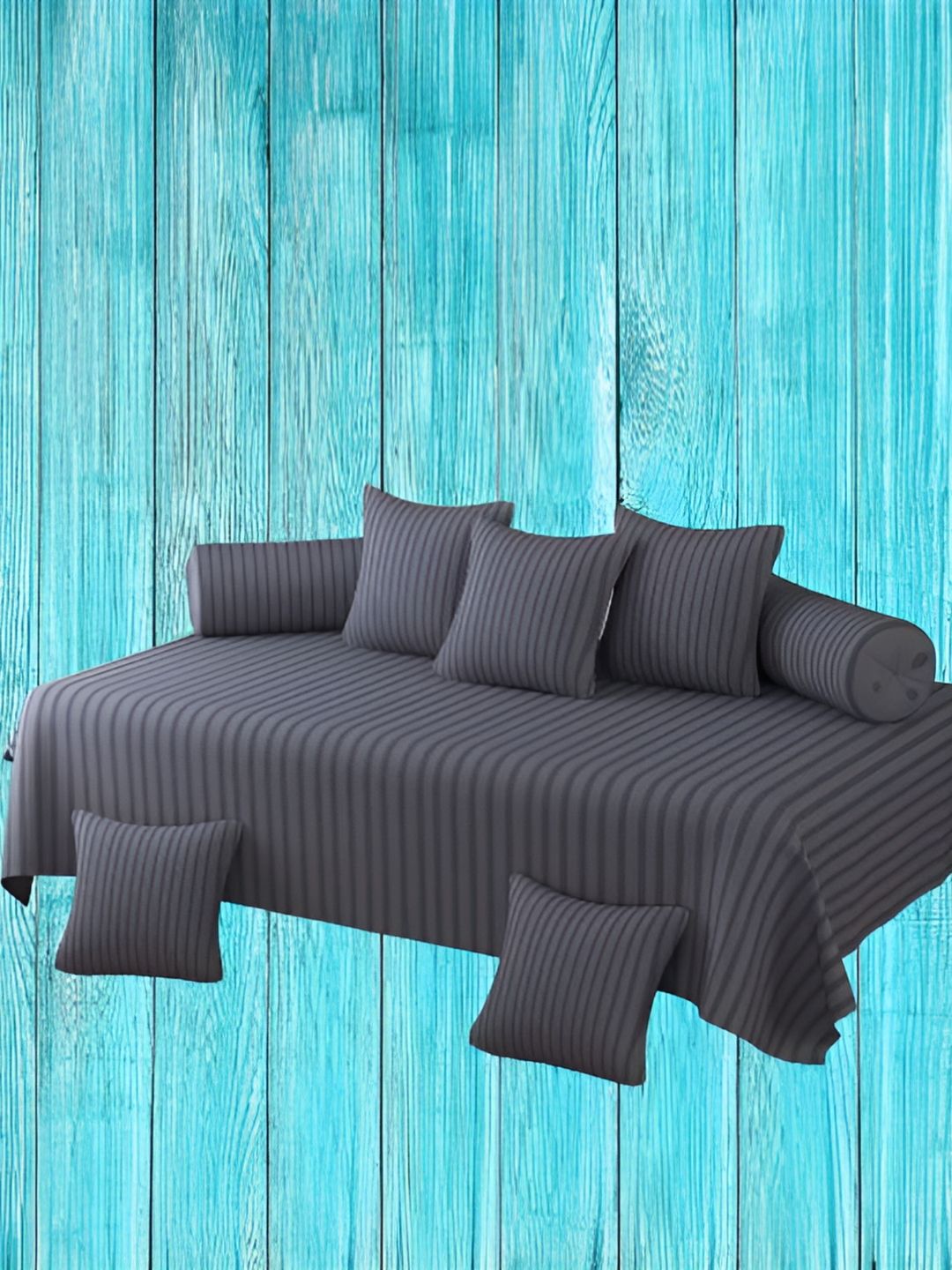 WELLNEST Set Of 8 Grey Striped Cotton Diwan Set-image-34