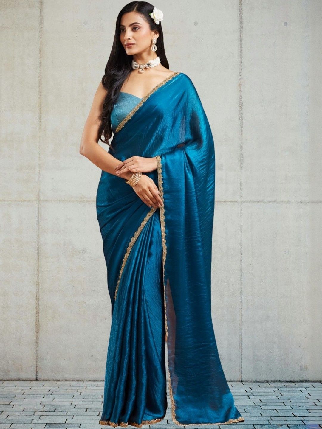 LOROFY Embellished Beads And Stones Border Chanderi Saree with Blouse Piece-picture-26