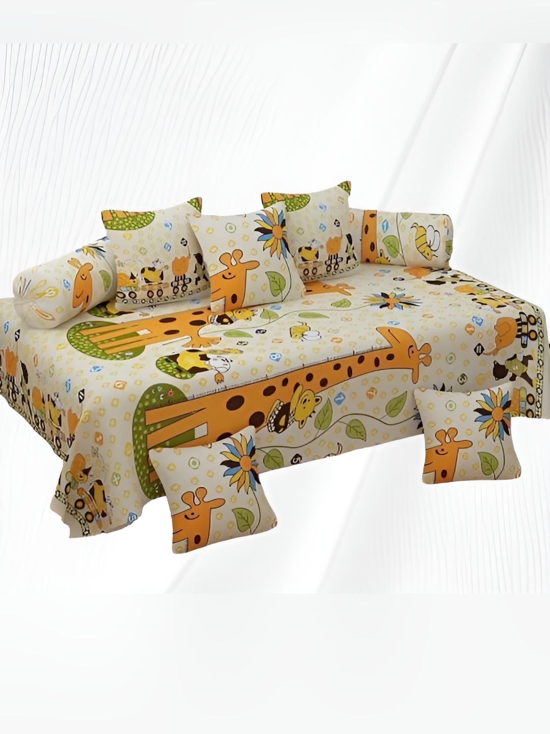 WELLNEST Set Of 8 Beige & Orange Animal Printed Diwan Set-picture-27