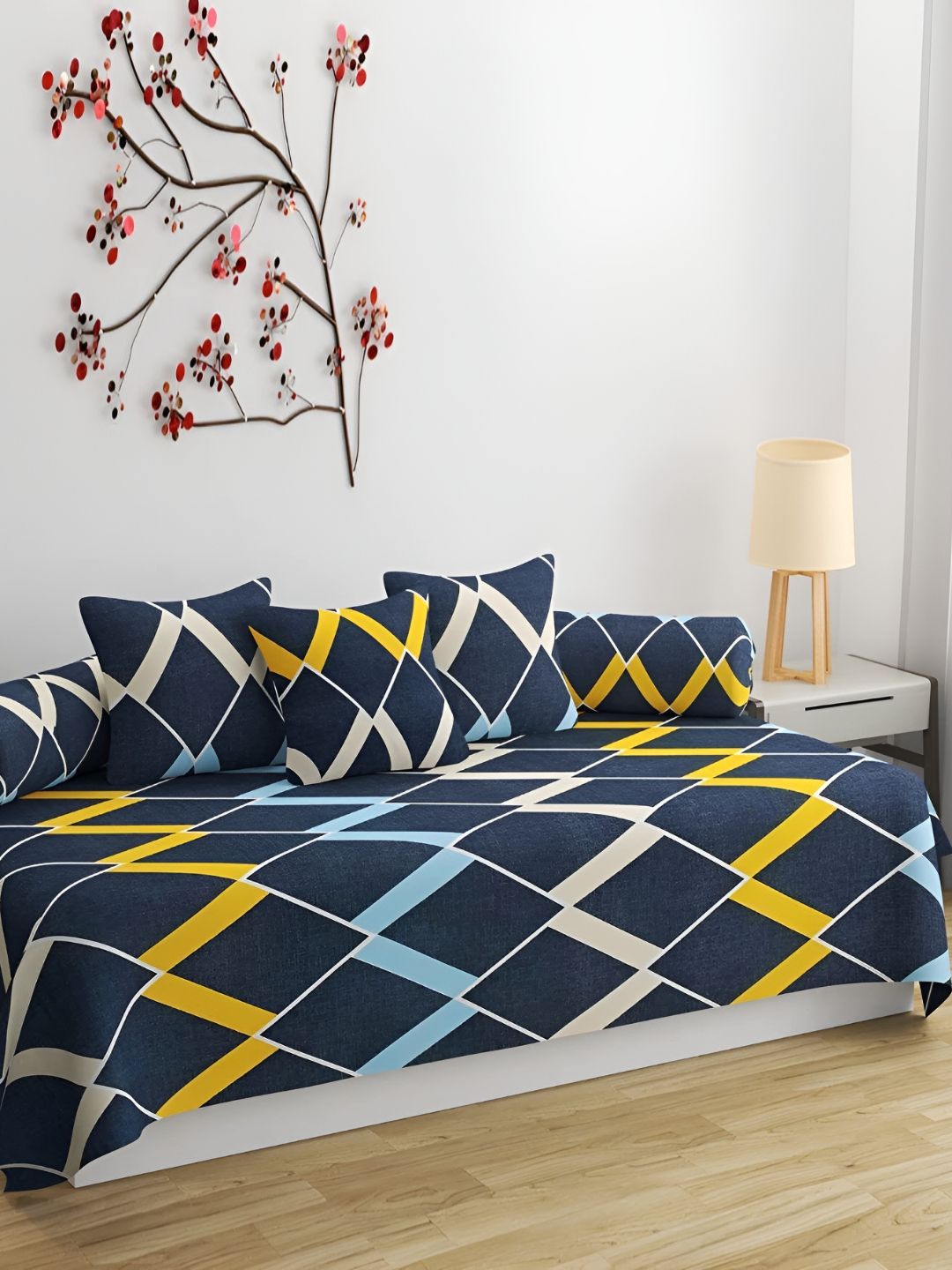 WELLNEST Set Of 8 Blue & Yellow Printed Cotton Diwan Set-image-3