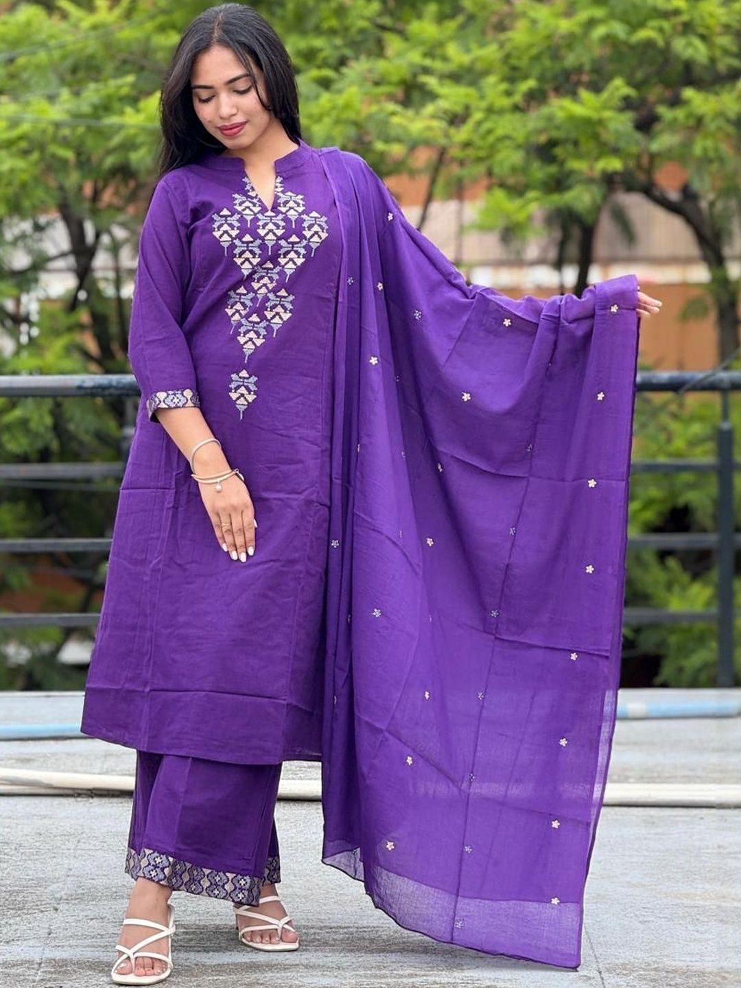 MILAAV Women Ethnic Motifs Embroidered Mandarin Collar Kurta with Palazzos & Dupatta-picture-16