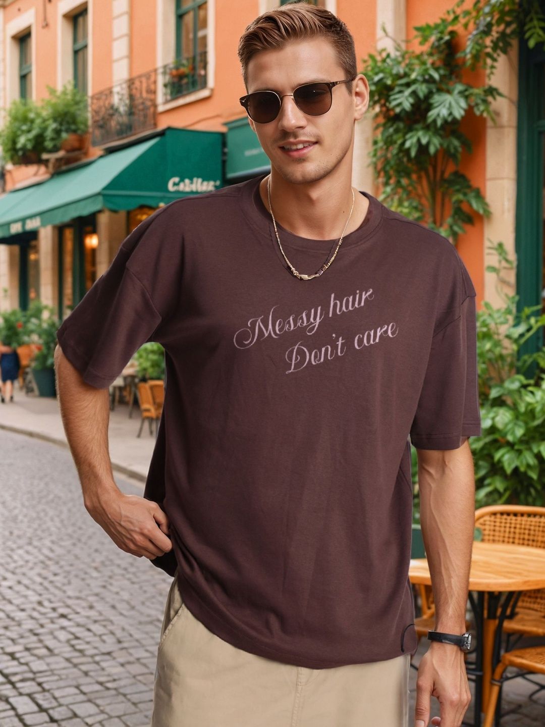 Bene Kleed Men Brown Typography Printed Round Neck Pure Cotton Oversized T-shirt-picture-40