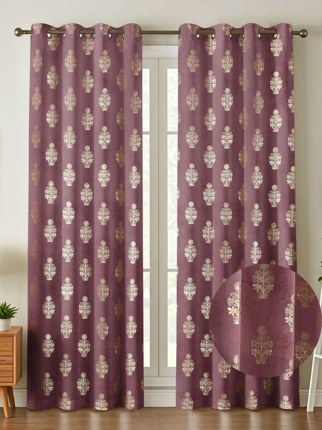 Galaxy Home Decor Purple & Gold Toned 2 Pieces Velvet Printed Room Darkening Door Curtains-image-11