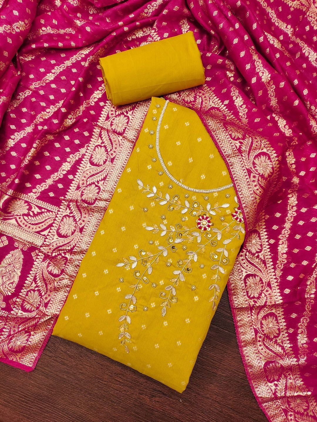 KALINI Women Yellow & Pink Printed Art Silk Embellished Unstitched Dress Material