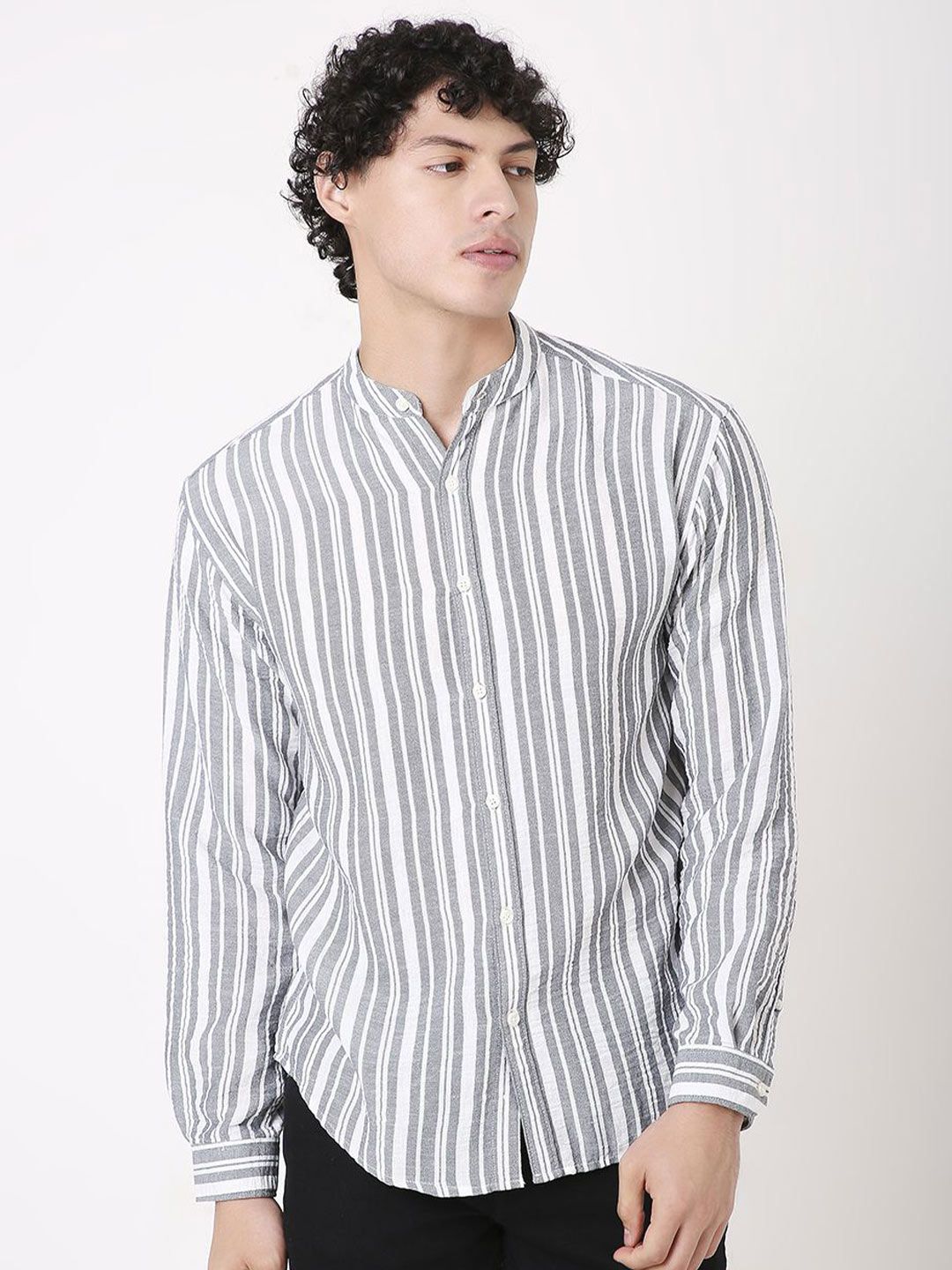Blnk Men Relaxed Fit Vertical Striped Band Collar Casual Shirt-picture-24