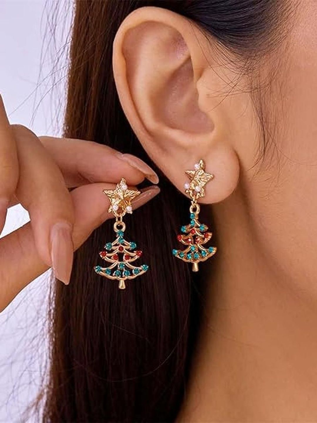 EL REGALO Artificial Stones Studded Star Shaped Drop Earrings-image-27