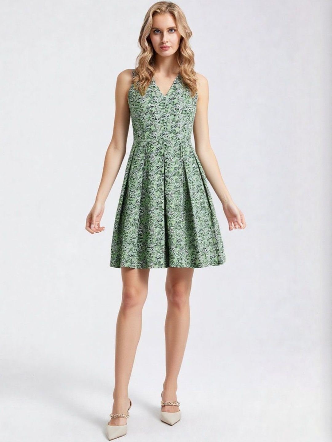 ARTYSKA Women Floral Printed V-Neck Pleated Detail Fit & Flare Dress-picture-31