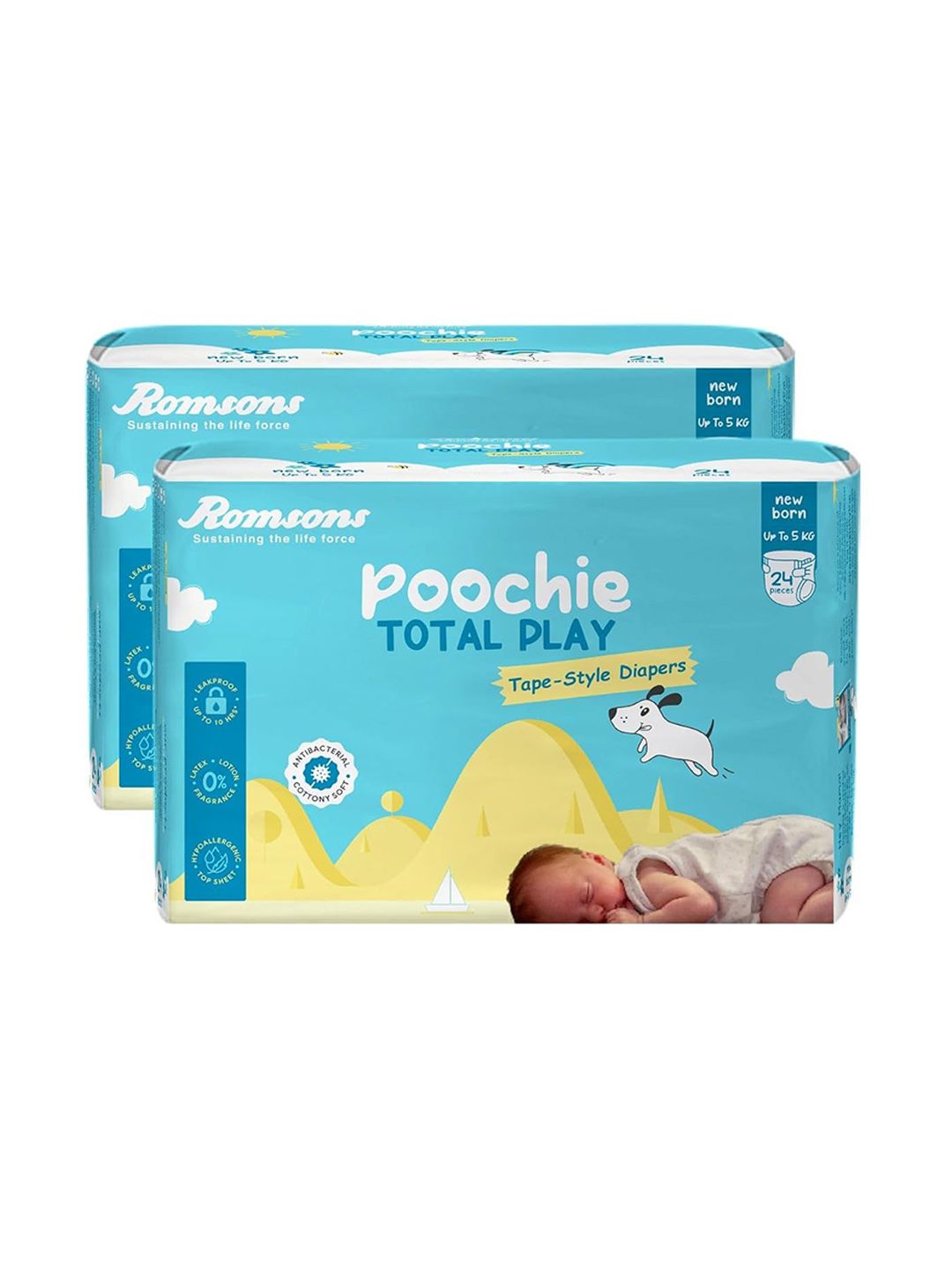 Romsons Infants Set Of 2 Poochie Total Play Tape Style Baby Diapers - NB - 24-Pcs Each-picture-24