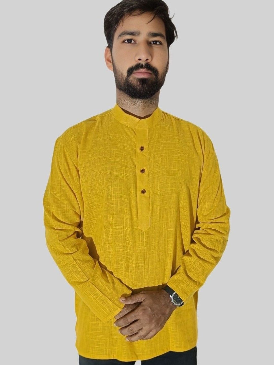 LADSLOOM Men Mustard Solid Cotton Kurtas-picture-43