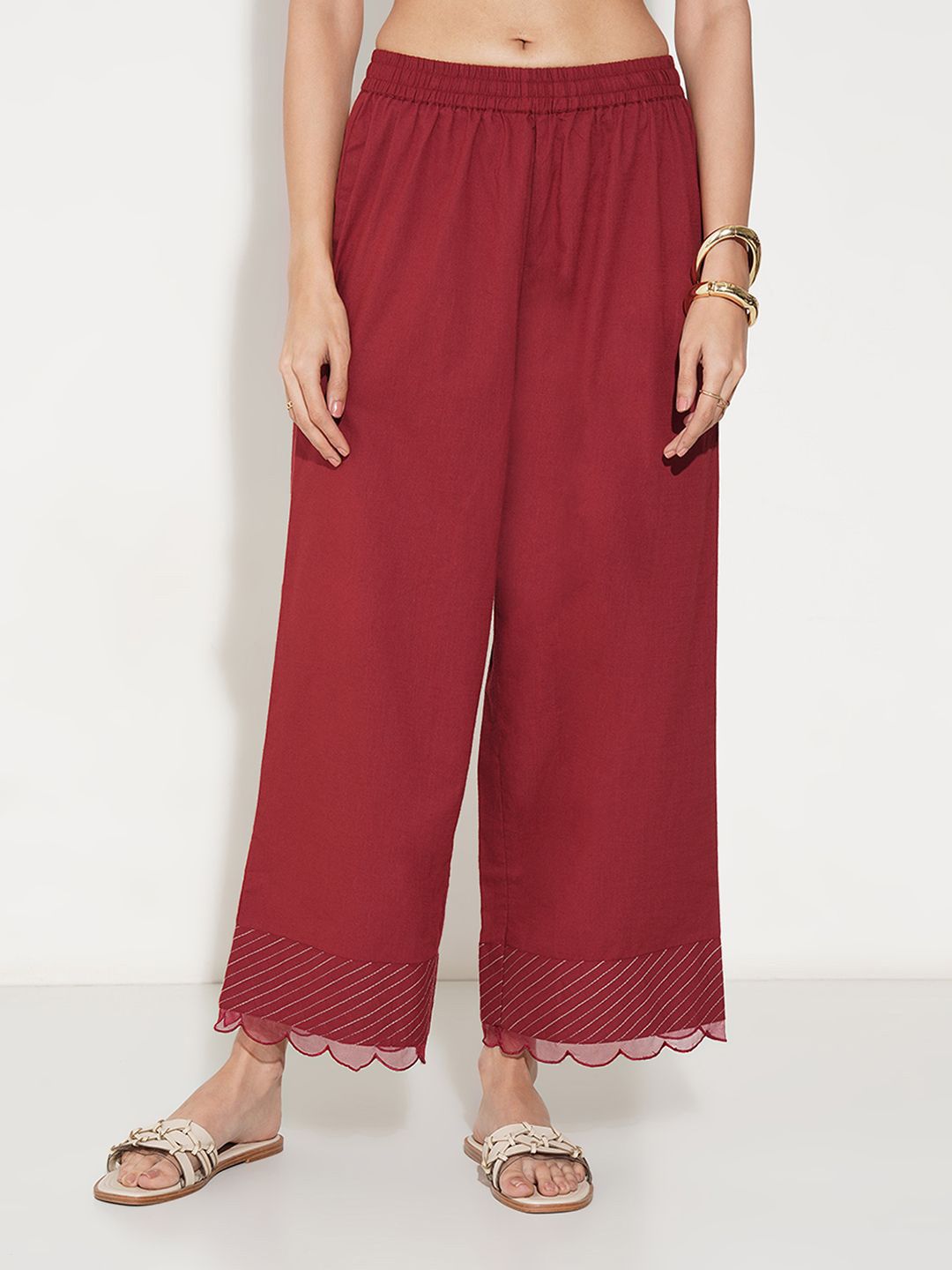 RANGMANCH BY PANTALOONS Women Hem Design Flared Pure Cotton Palazzos