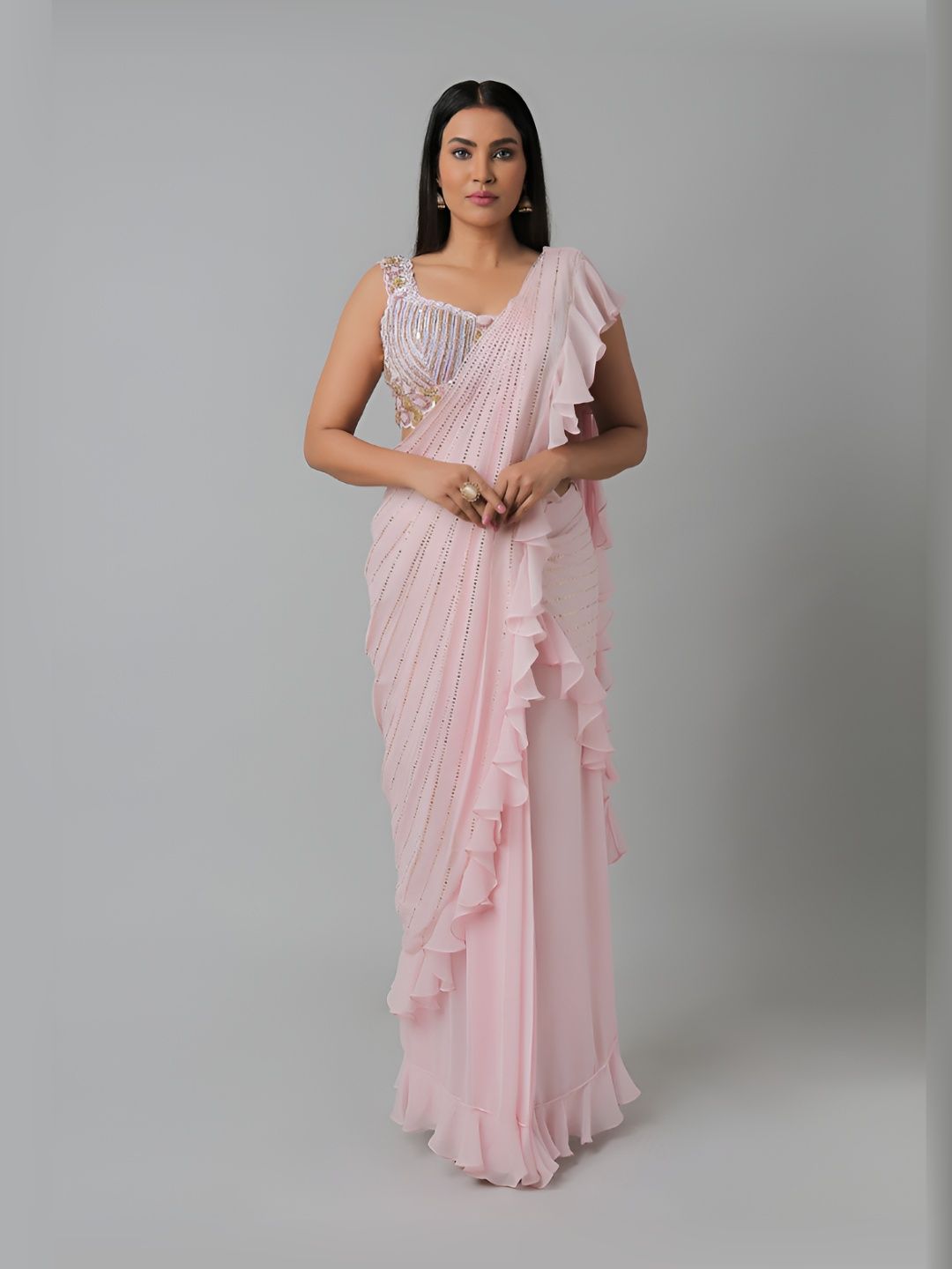 PUSHP PARIDHAN Solid Sequinned Pure Georgette Ruffle Saree-image-34
