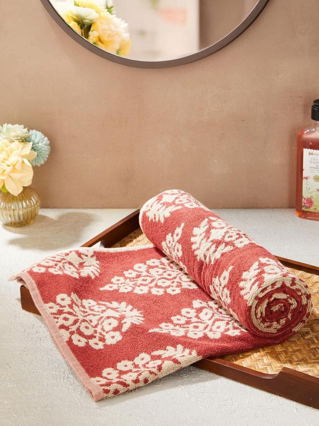 Fabindia Big Buta Red & Beige Printed Cotton 570 GSM Bath Towel-picture-13