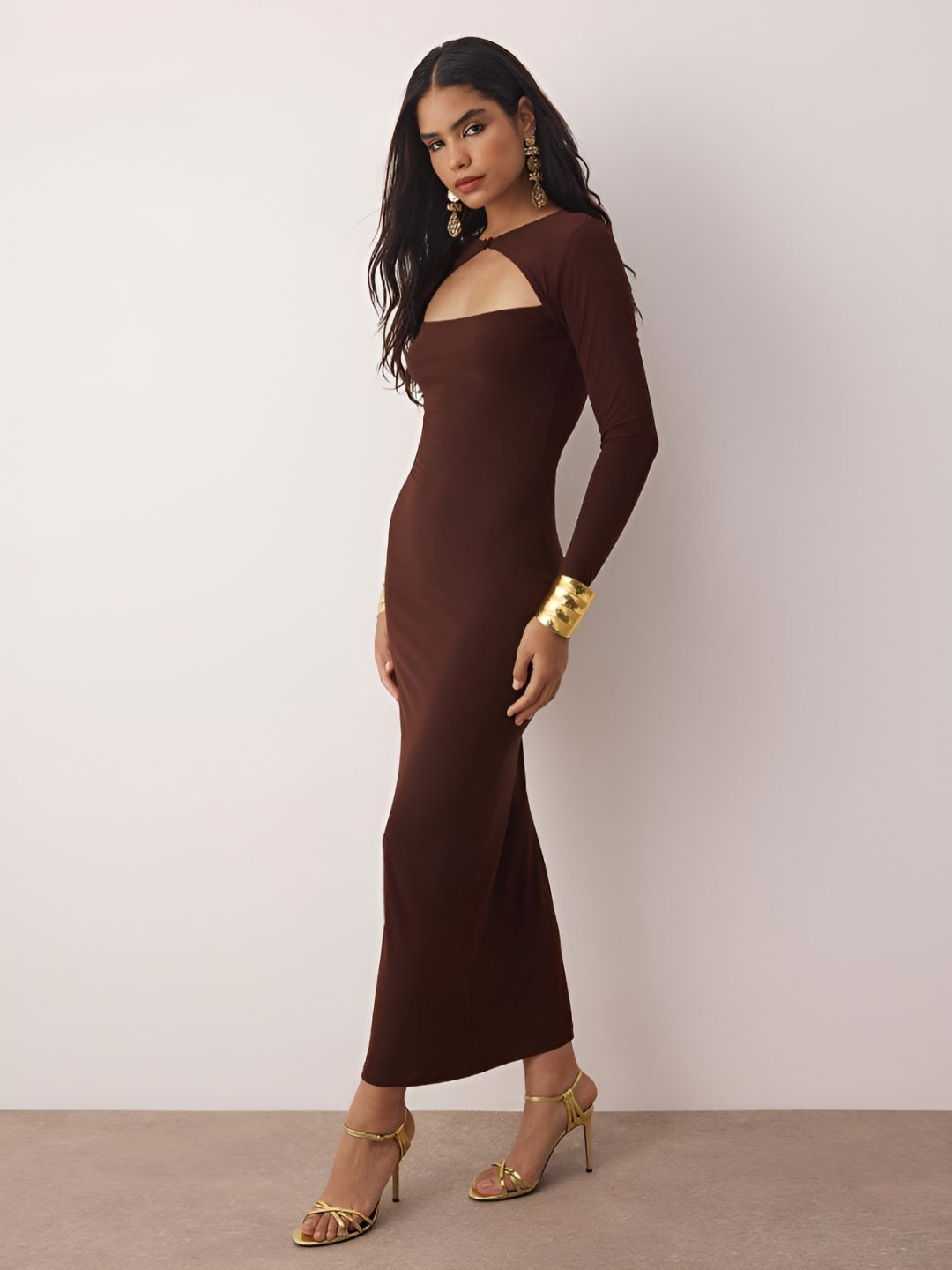 Trendyol Kahverengi Women Boat Neck Cut Out Sheath Maxi Dress view 5