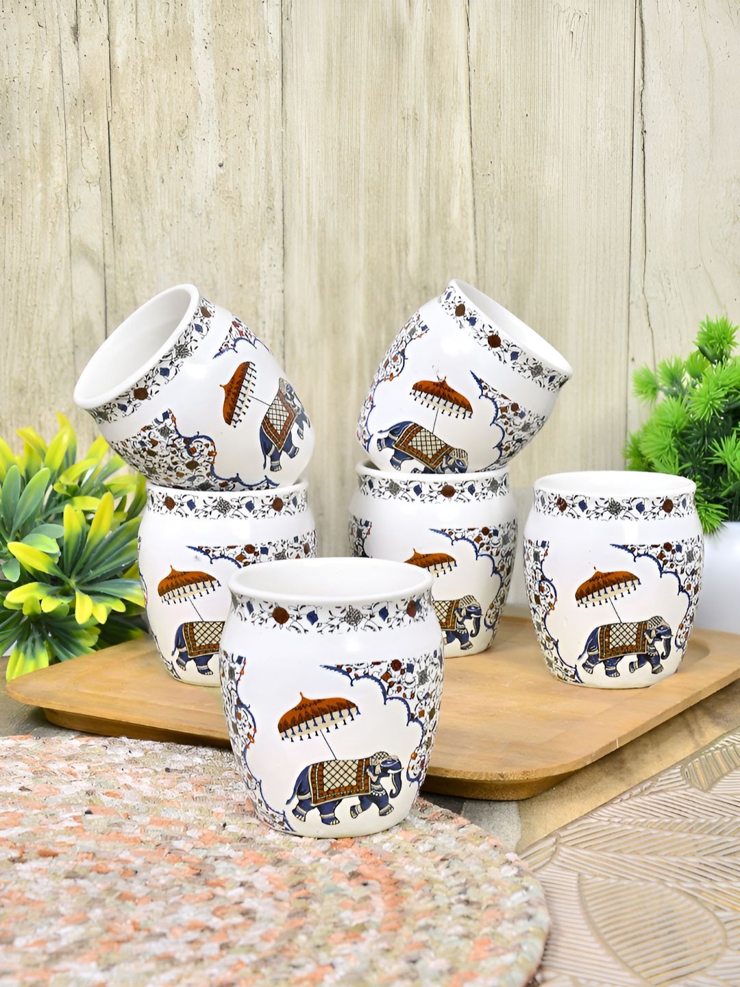 FABINALIV White & Brown 6 Pieces Printed Ceramic Glossy Kulladhs-image-49