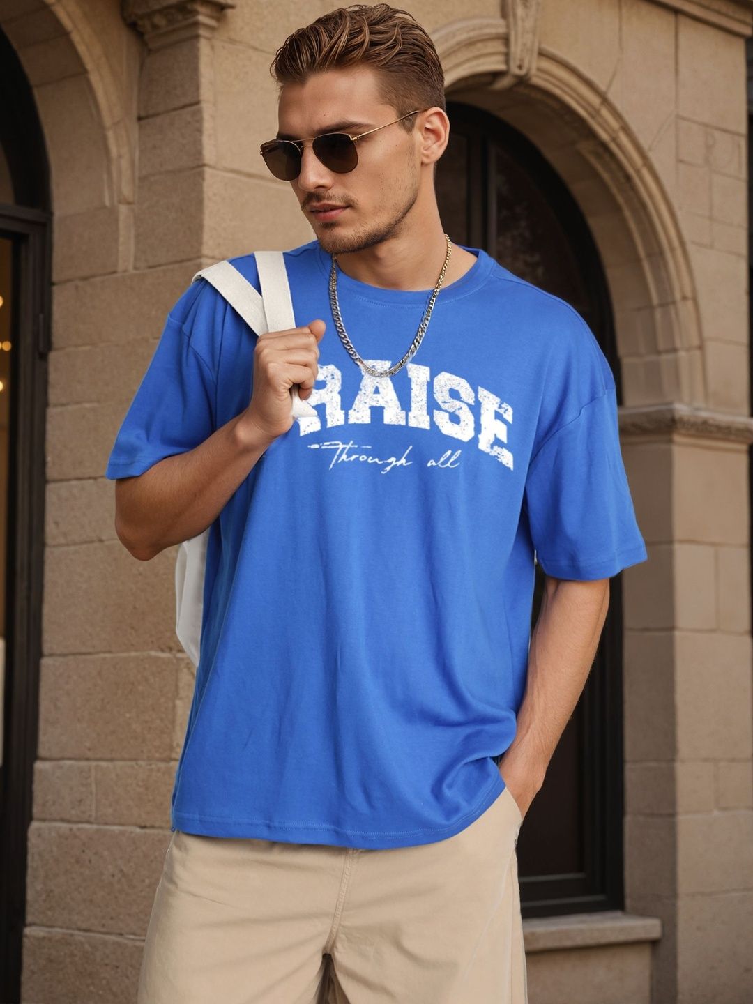 Bene Kleed Men Blue Typography Printed Round Neck Pure Cotton Oversized T-shirt-picture-29