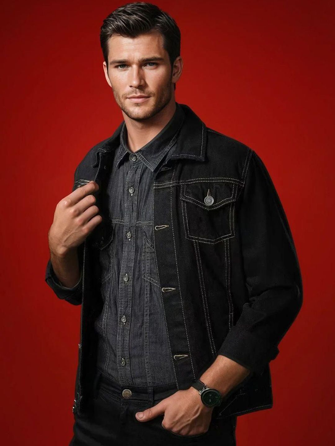 Kotty Men Spread Collar Solid Denim Jacket-picture-26