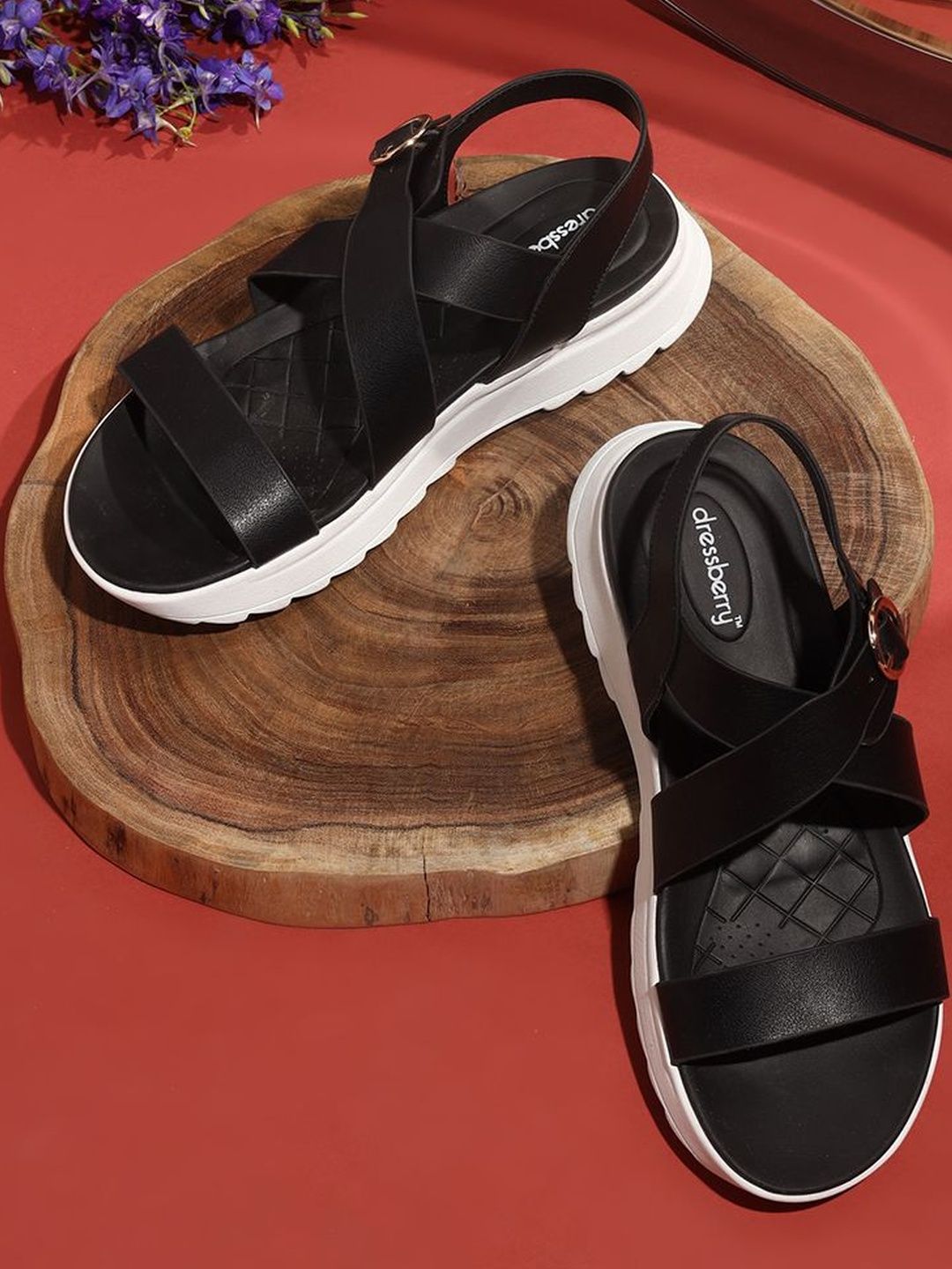 DressBerry Women Black & White Open Toe Backstrap PU Flats-picture-13