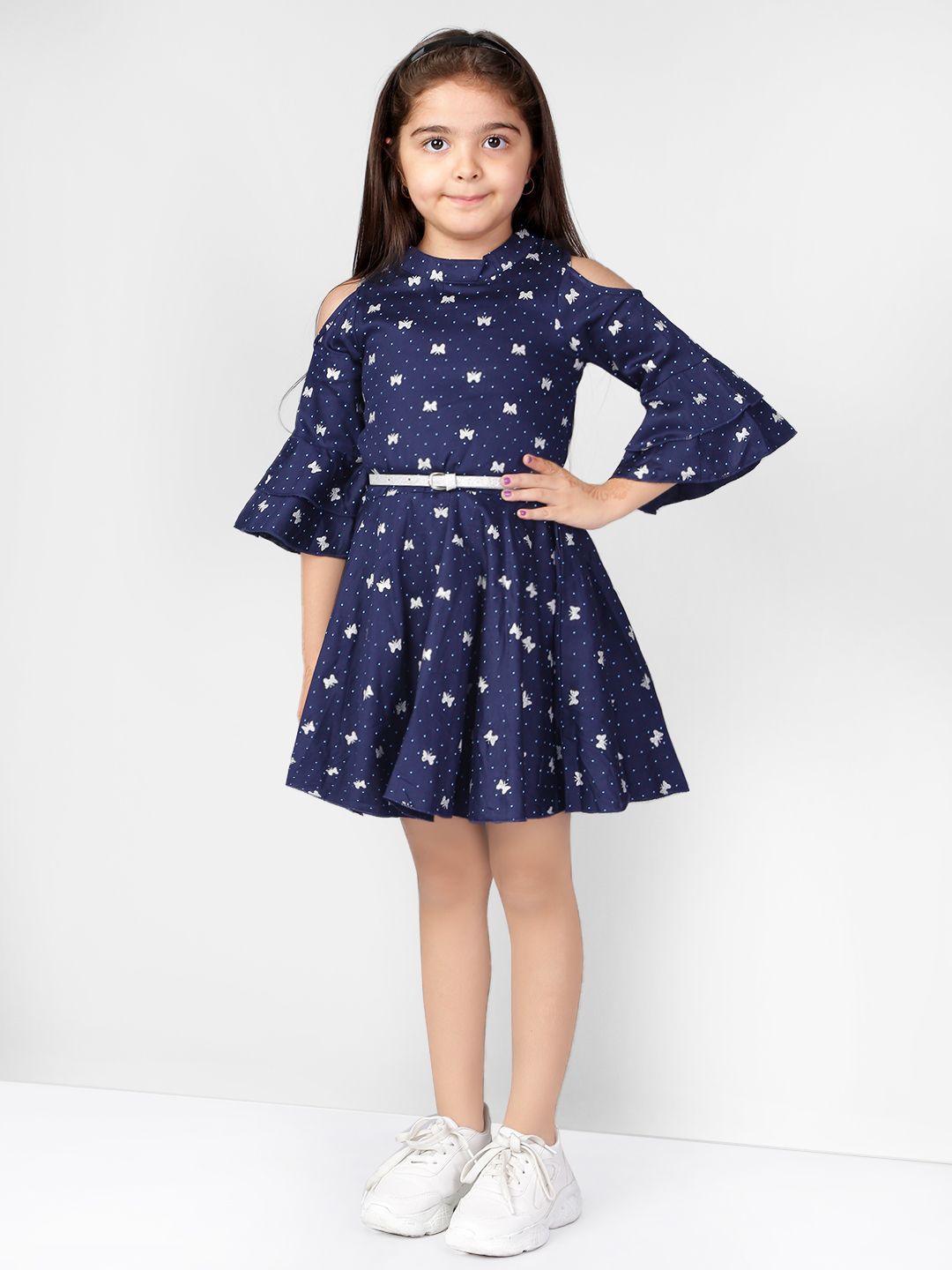 Naughty Ninos Women Navy Blue Printed Flutter Sleeve Satin Fit & Flare Dress-picture-17