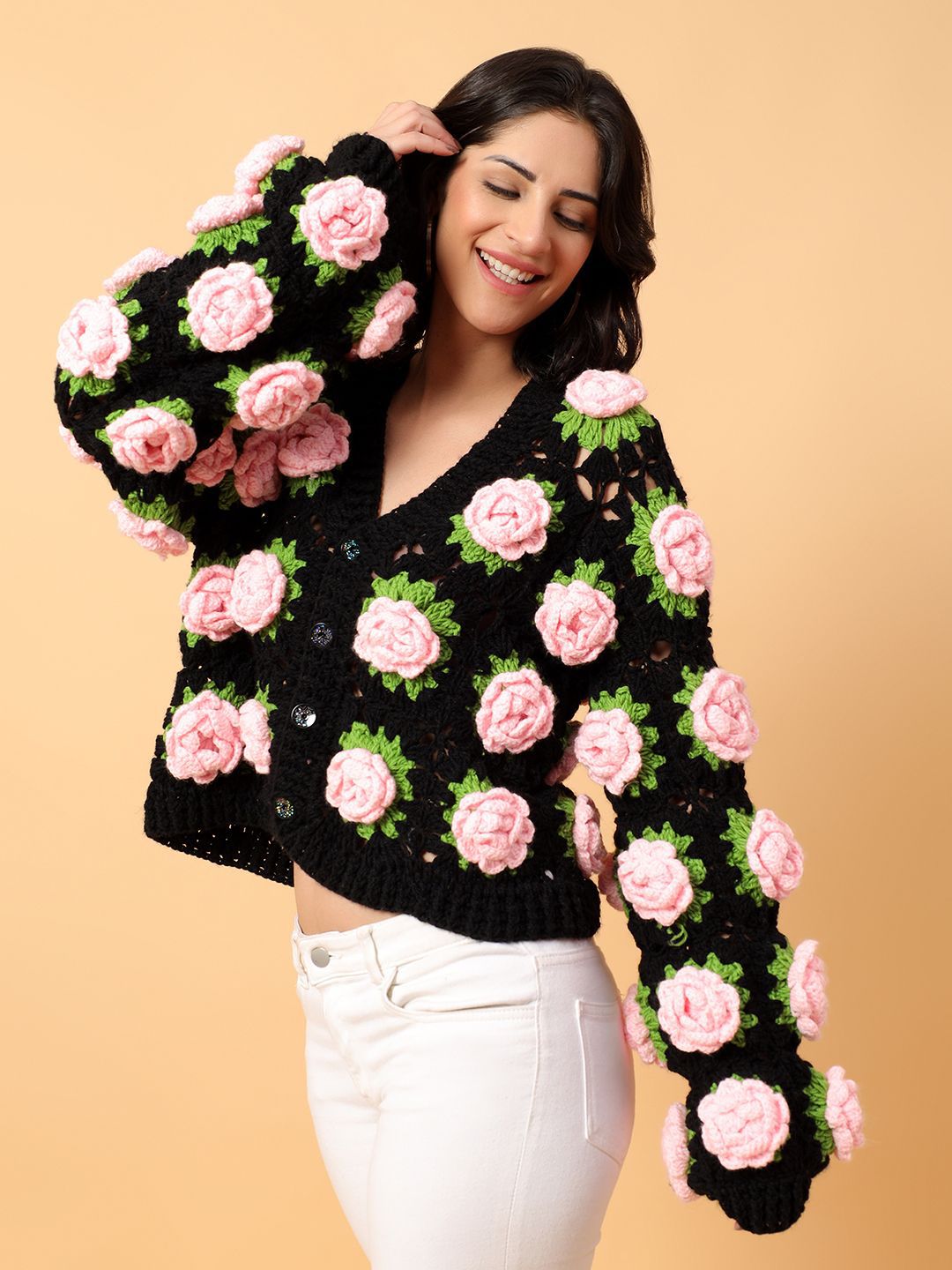 Velvery Women Floral Cardigan with Applique Detail-image-6