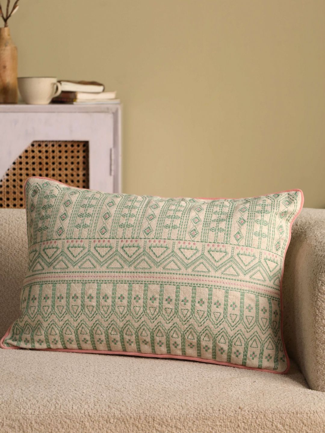 eyda Cream-Coloured & Green Embellished Linen Rectangle Cushion Cover-picture-46