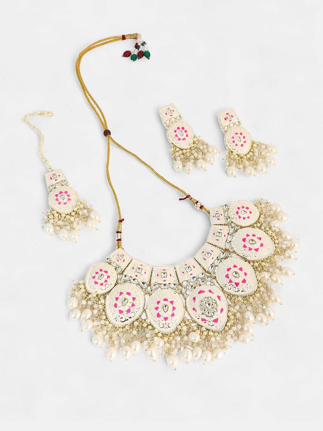 SOHI White Pink Gold-Plated Stone-Studded & Beaded Meenakari Necklace & Earrings-image-6