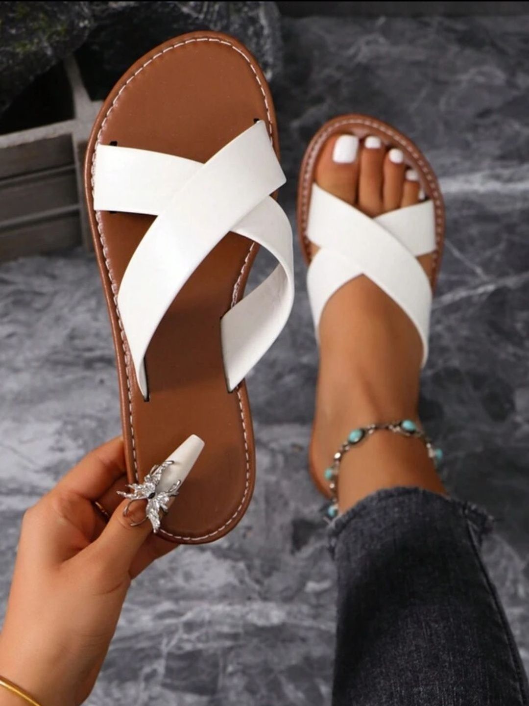 Shozie Women White & Beige Solid Synthetic Open Toe Flats-image-36
