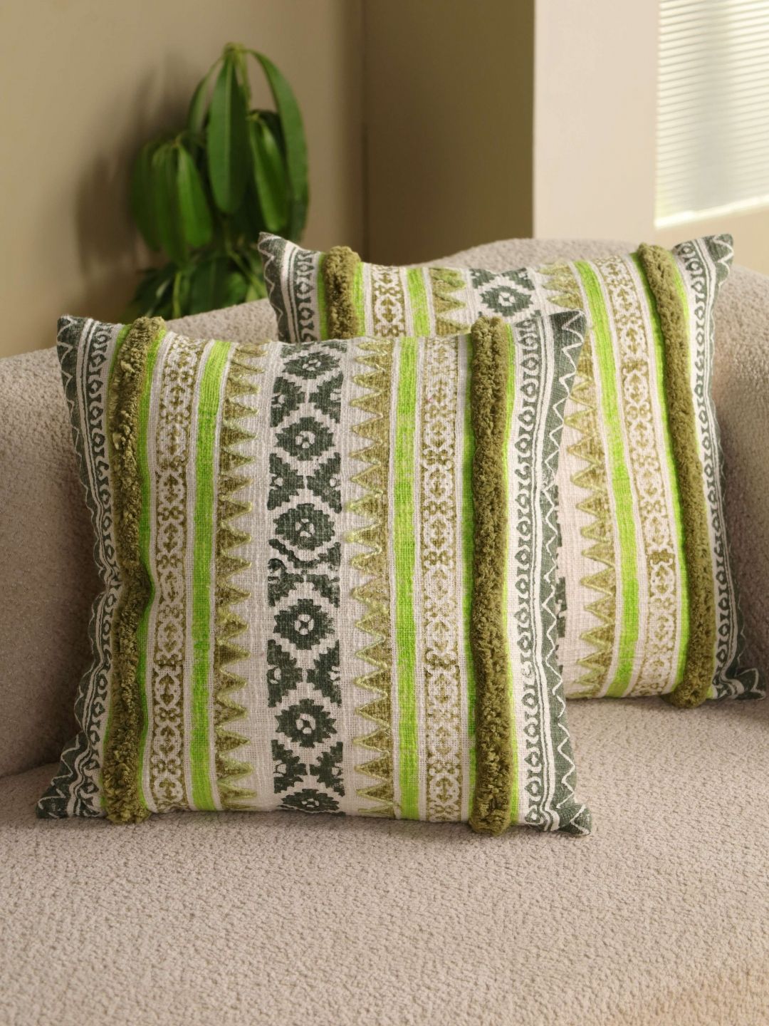 eyda Green & White 2 Pieces Embroidered Square Cushion Covers-picture-13