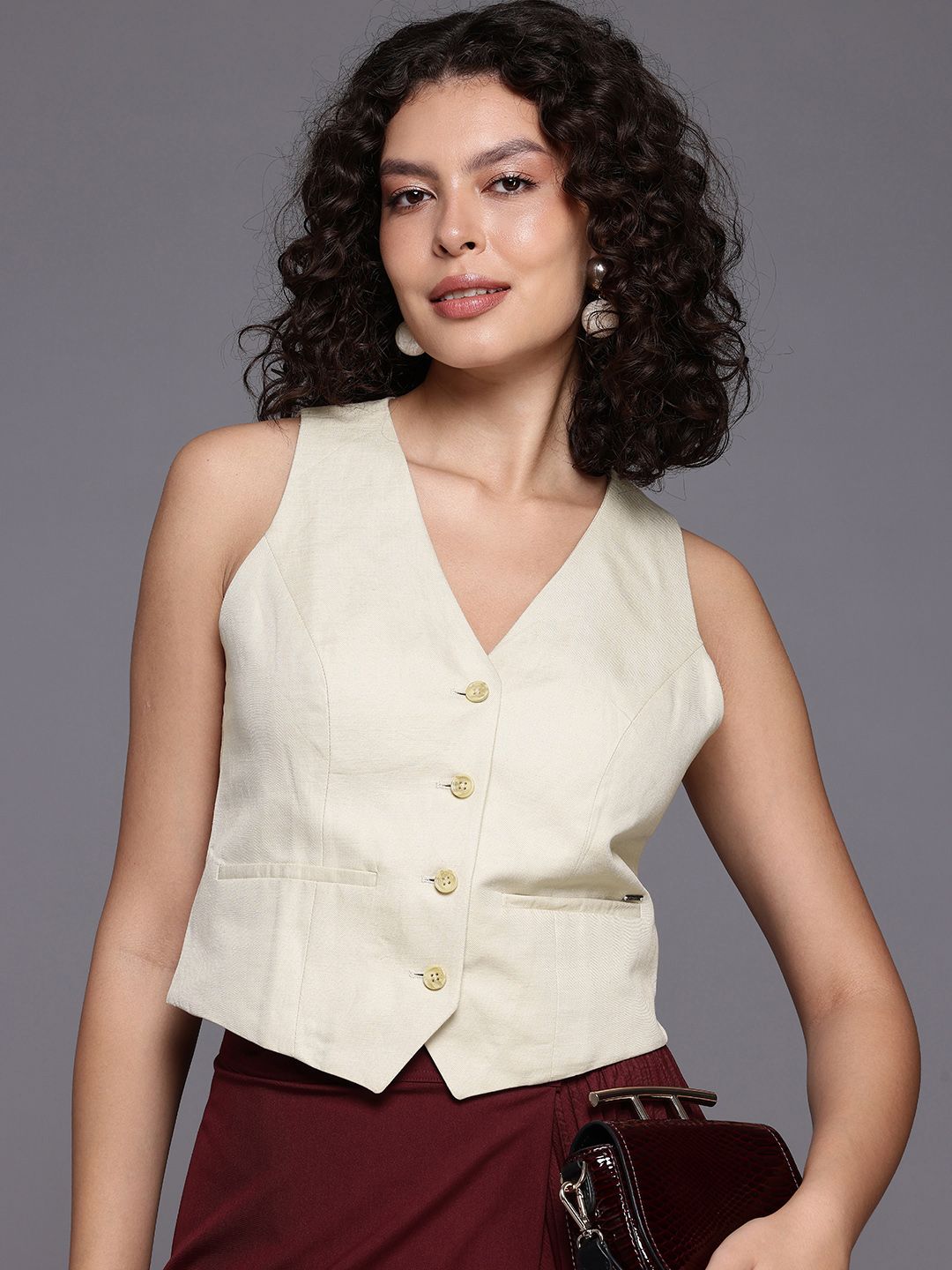 Allen Solly Woman V-Neck Sleeveless Waistcoat-picture-25
