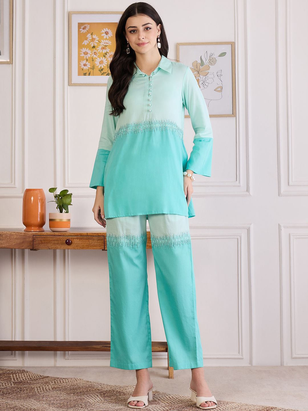 First Resort by Ramola Bachchan Embroidered Top With Trousers Co-Ords-picture-39