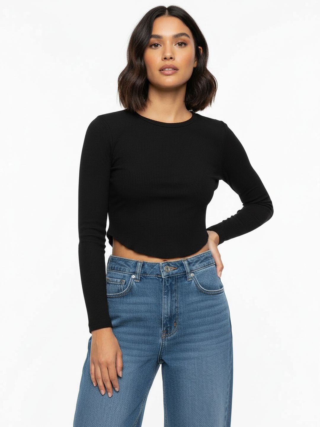 glitchez Ribbed Full Sleeves Fitted Crop Top-image-3