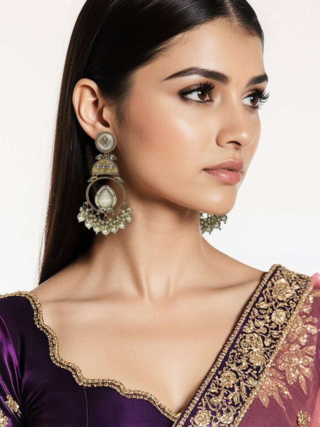 Kalakrith Milano Artificial Stones Studded & Beaded Antique Teardrop Shaped Drop Earrings-picture-17