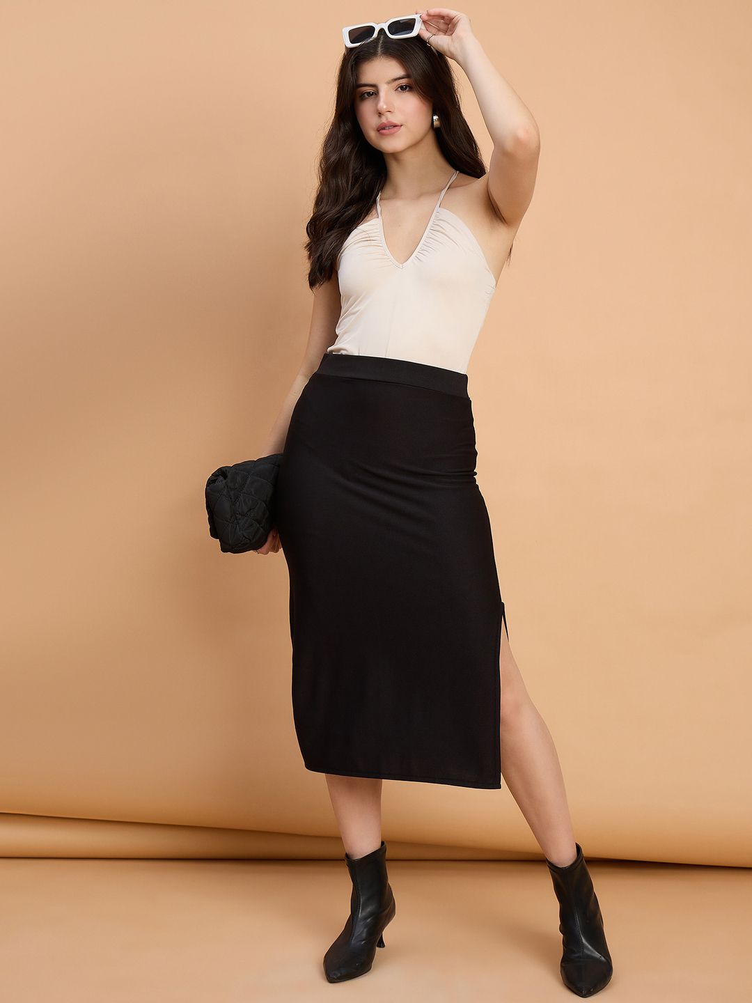 QIOA Below Knee Slit Pencil Midi Skirt view 5
